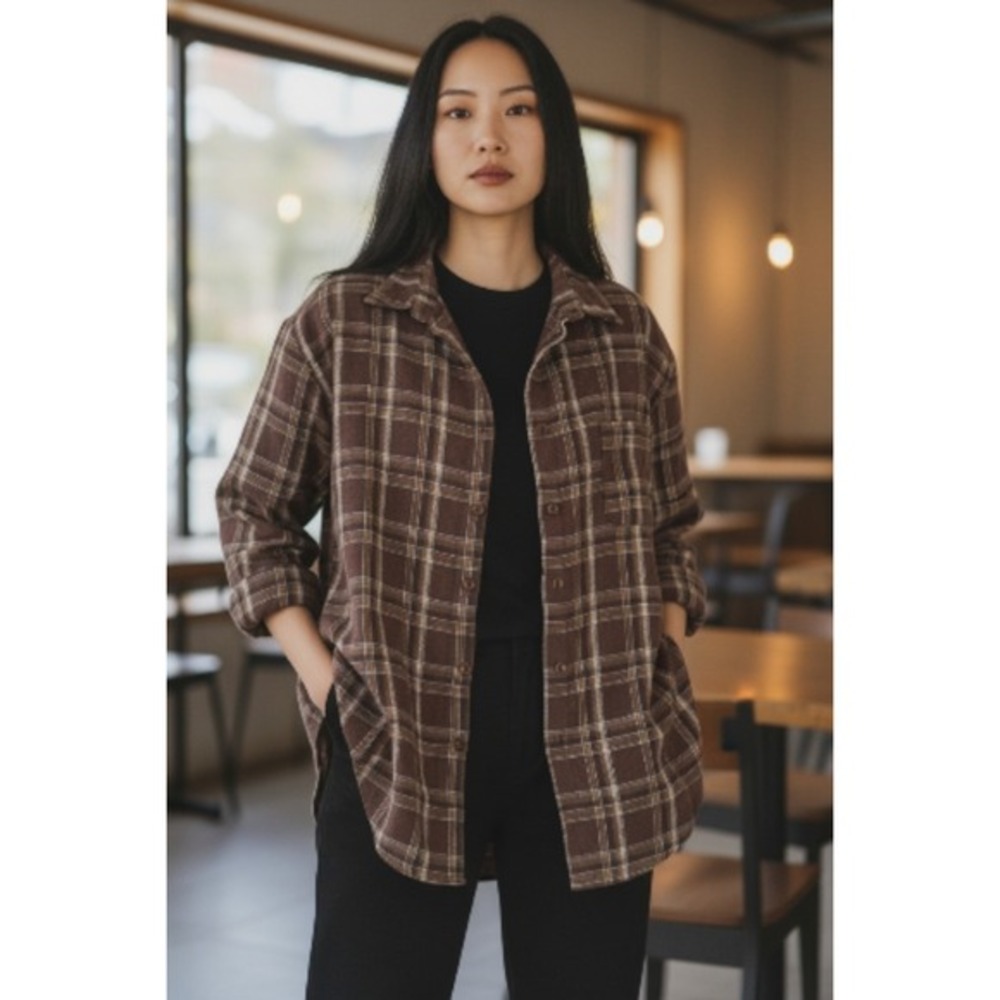 Brown Plaid Button Down Shirt Long Sleeve‎ Oversized Flannel Style Medium